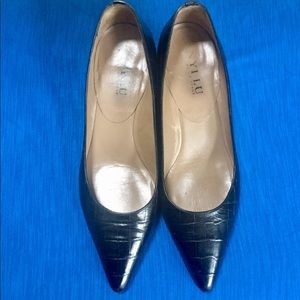 ANYI LU Liz Stacked Embossed Pumps w/Contrast Heel